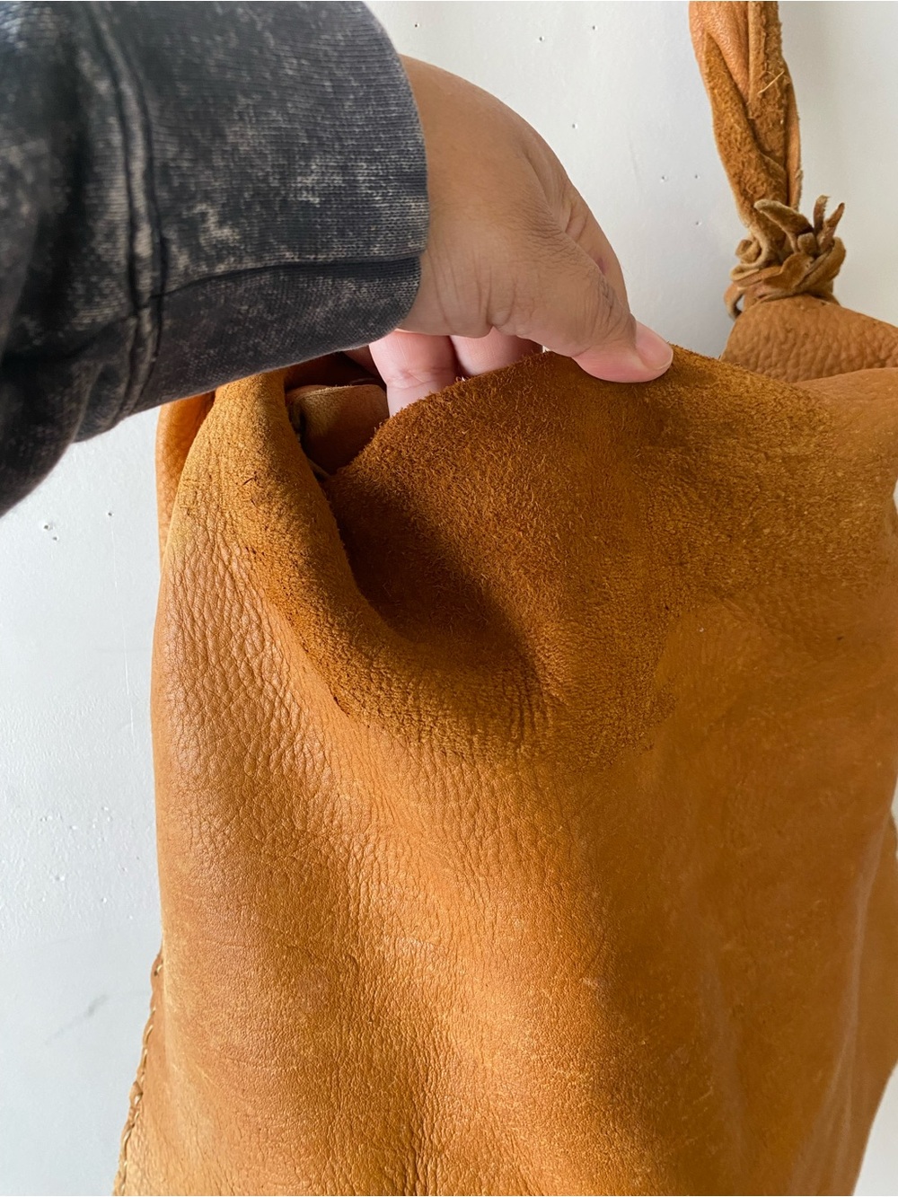 Handmade Asymmetrical Leather Shoulder Bag Tan Distressed Boho Grunge OS - Picture 12 of 16
